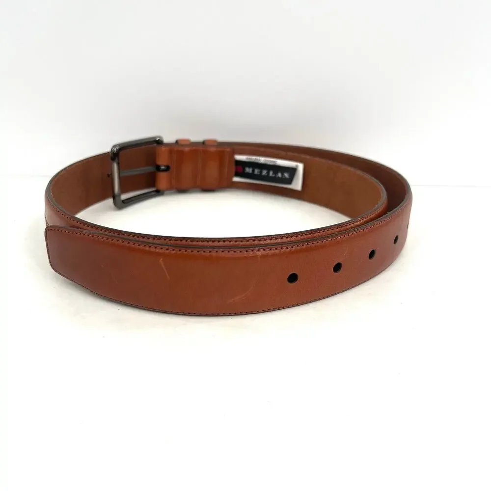 Mezlan men’s leather pewter square buckle cognac belt